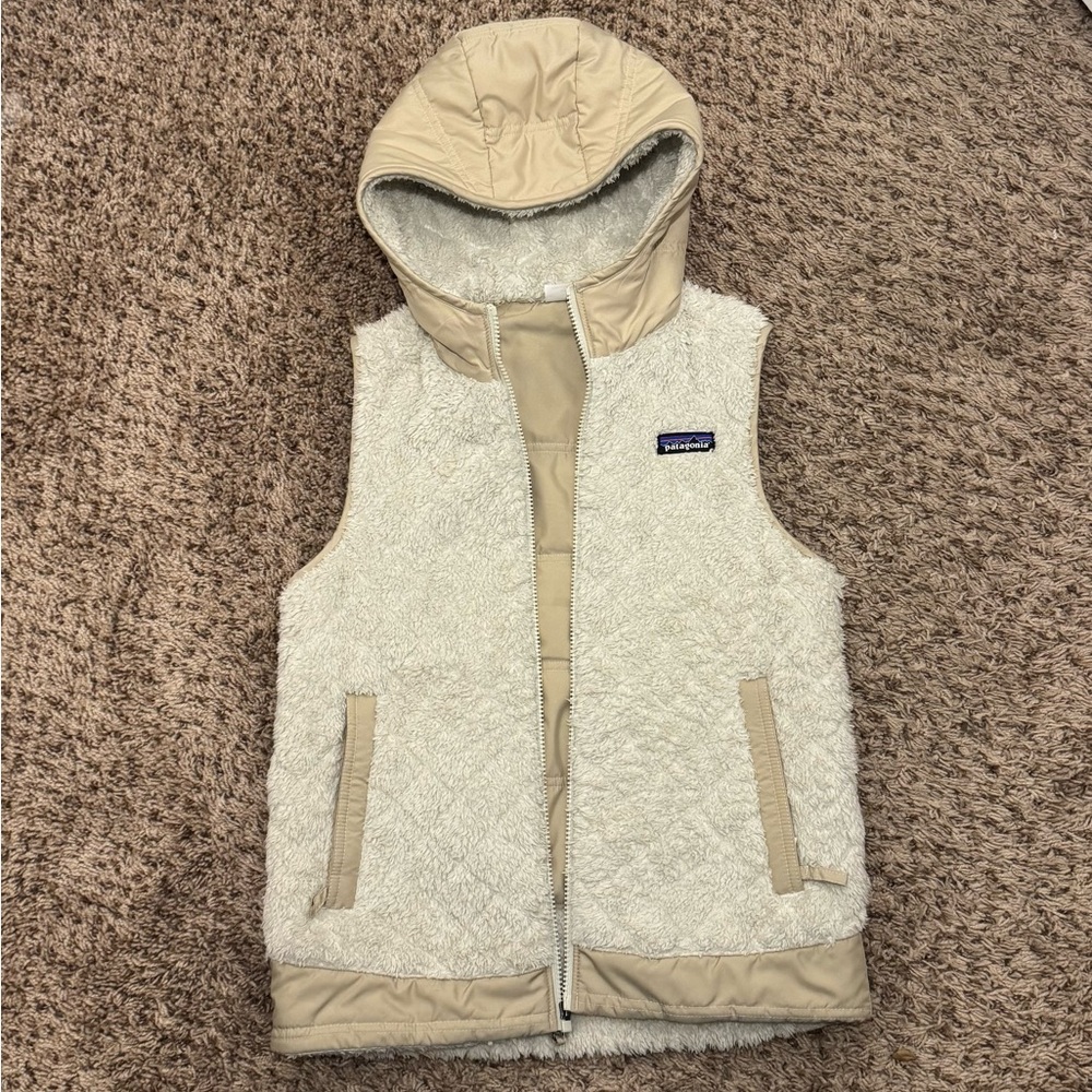 Patagonia Cream and Tan Hooded Reversible Vest